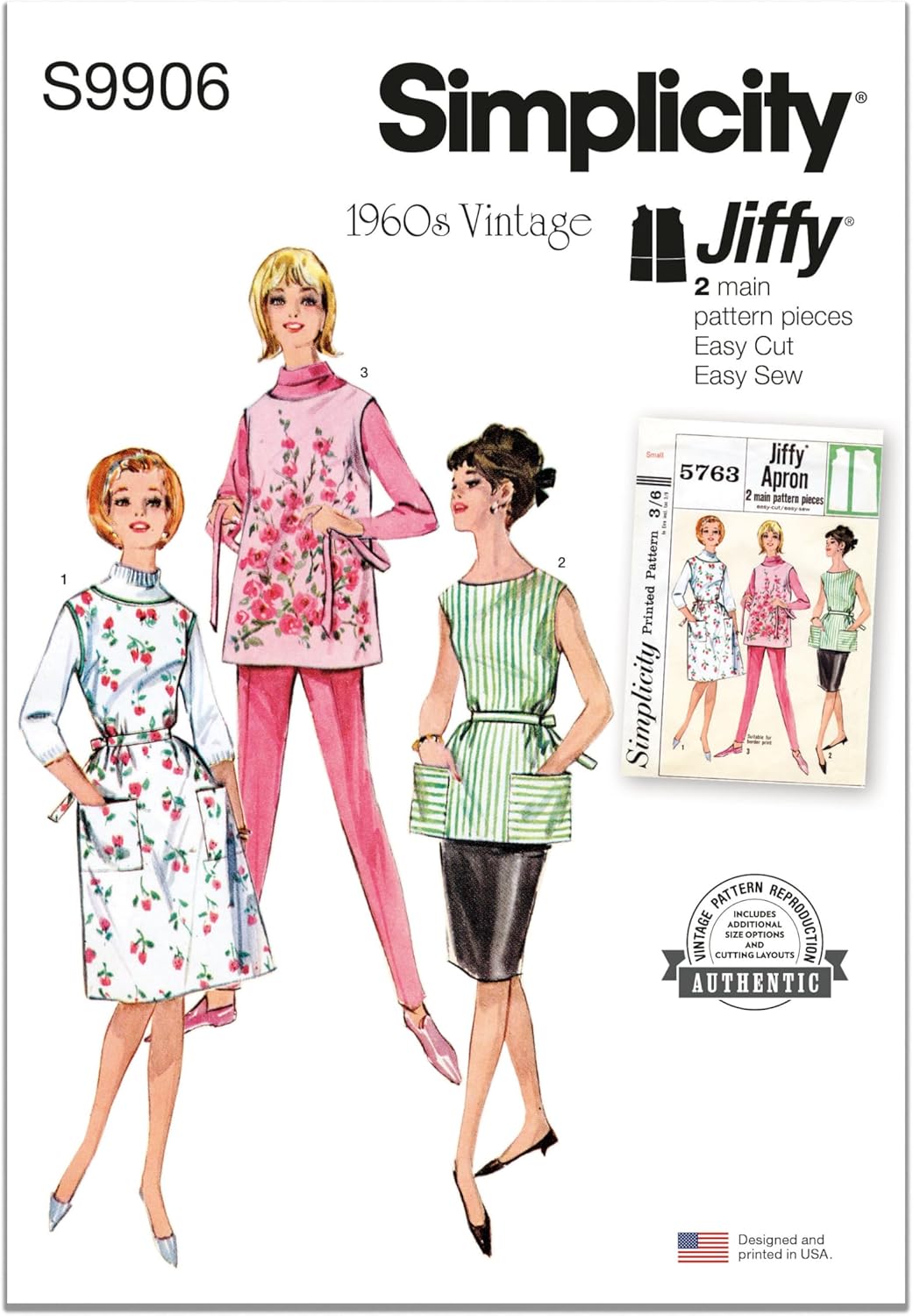 Simplicity SS9906A Vintage 1960's Misses' Apron Sewing Pattern Packet, Design Code S9906, Sizes XS-S-M-L-XL