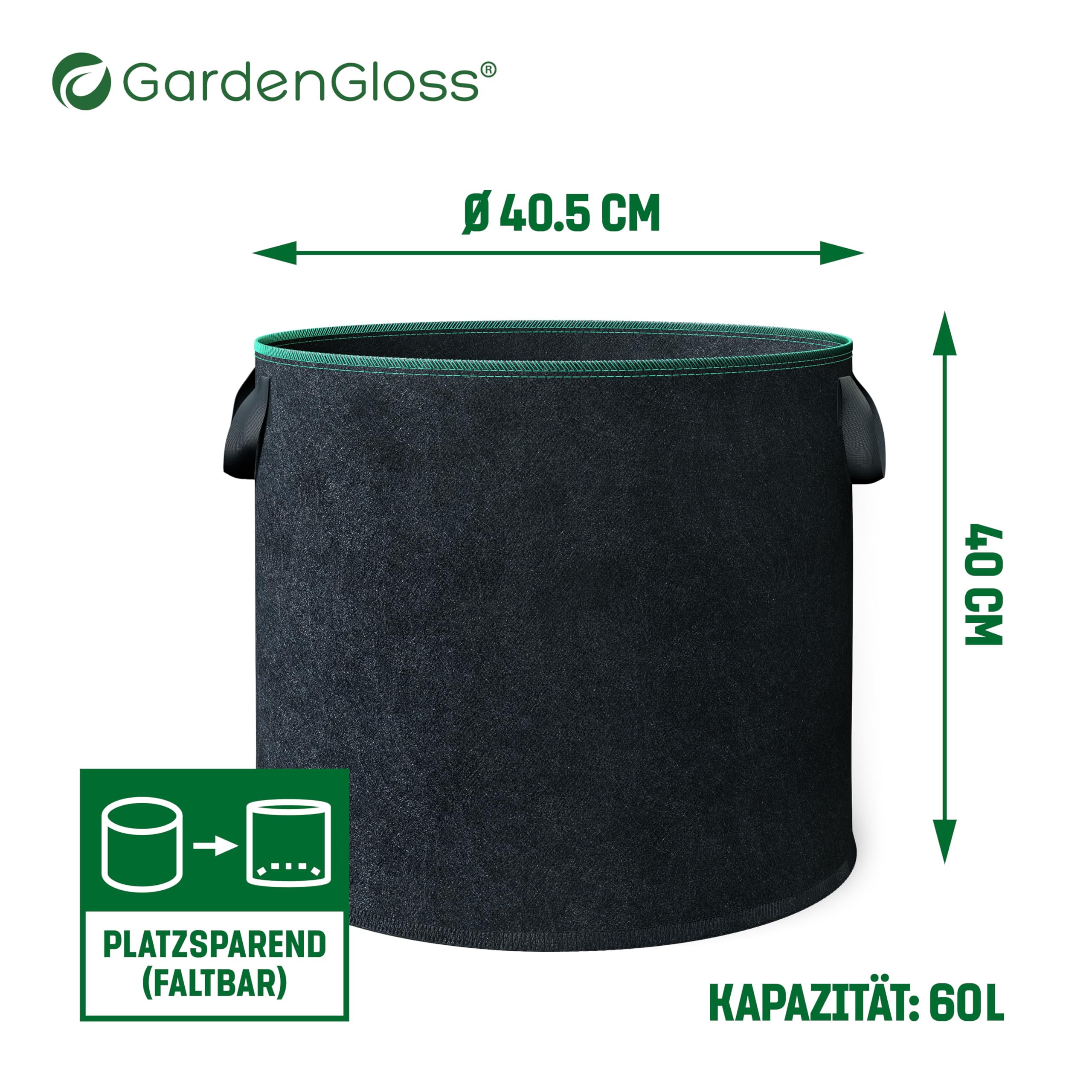 GardenGloss Pflanzsack (5 Stück) - Pflanztasche aus Vliesstoff - 60L | Für Kartoffeln & Tomaten - Für Innen & Außen - Aus Vliesstoff - Wiederverwendbar