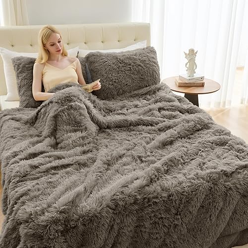 Juego de funda de edredón mullida y esponjosa de 2 piezas, tamaño individual, funda de edredón de piel sintética con cierre de cremallera y lazos en