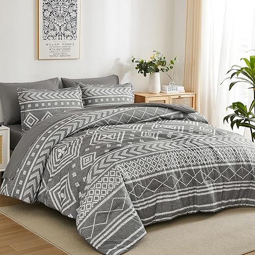 Miniatura 1 de Yiran Juego de edredón bohemio tamaño Queen, juego de ropa de cama gris de 7 piezas en una bolsa, juego completo de ropa de cama de microfibra suave