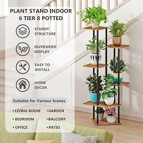 Miniatura 5 de Soporte alto para plantas de interior, estante moderno de 6 niveles para múltiples plantas, soporte de flores de metal de madera para sala de estar,