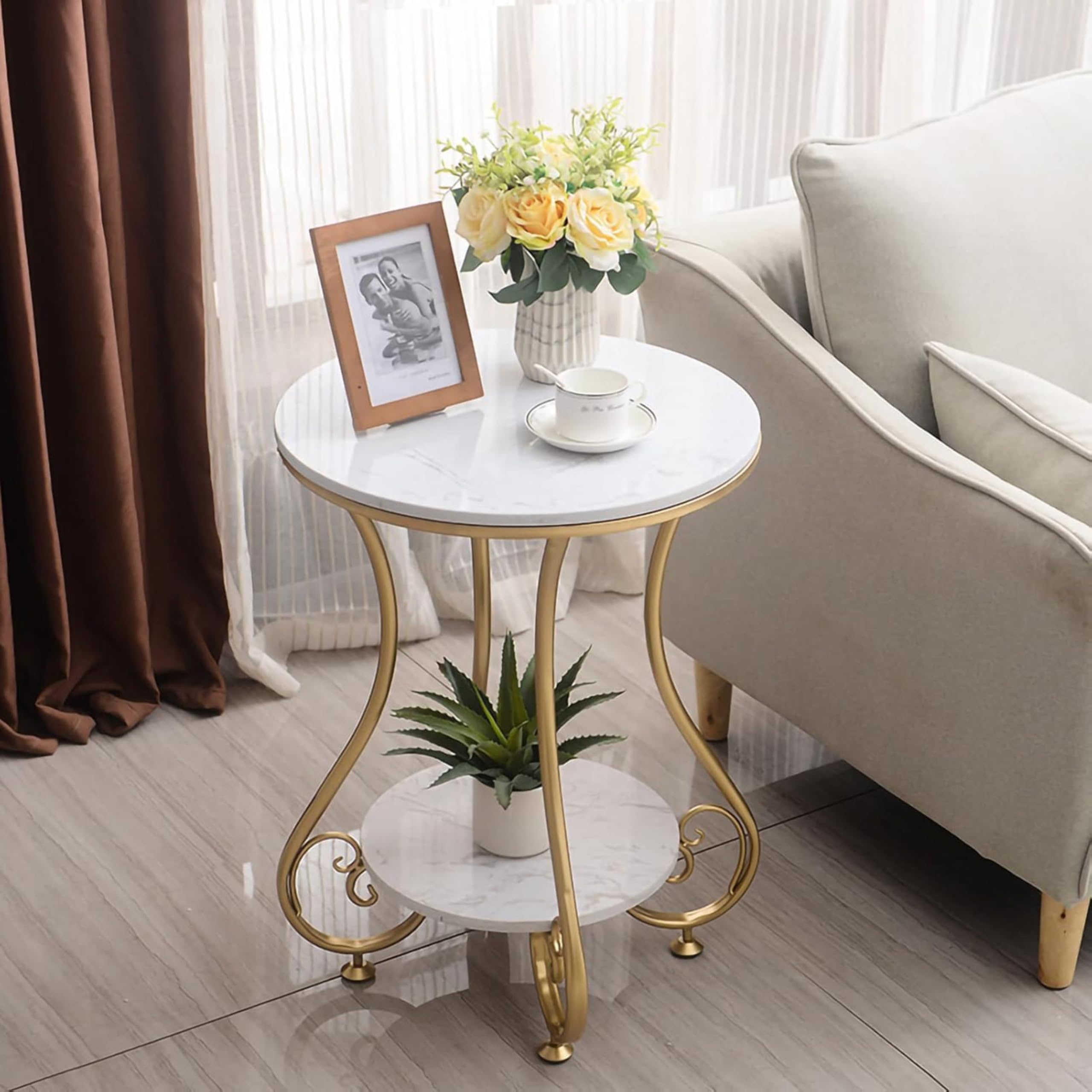 Round Coffee Table End Table Metal Sofa Side Tables, Bedside Corner Table for Living Room Balcony Bedroom Nightstand Home Dcor Furniture (Golden White)