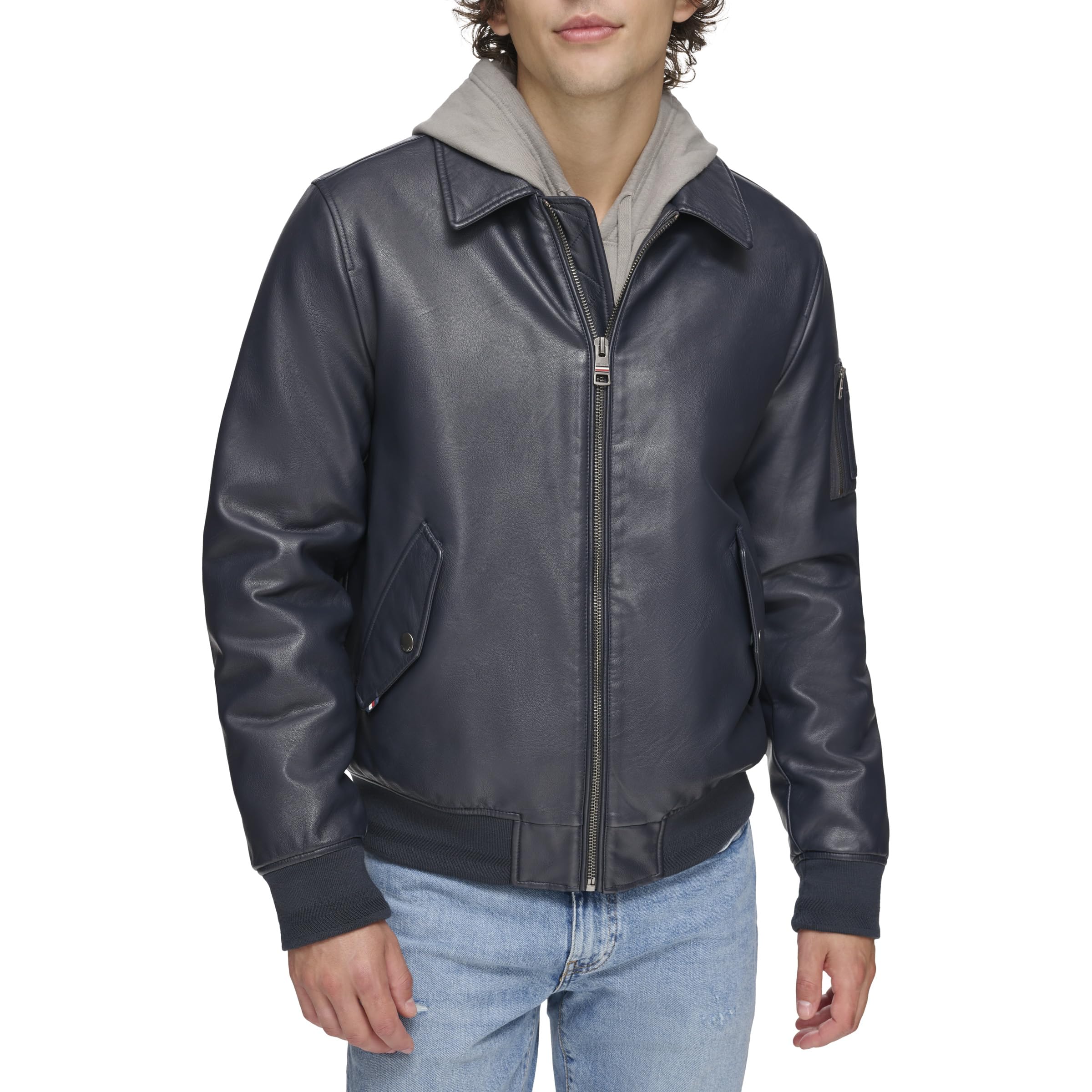 Tommy Hilfiger Men's Navy Laydown Collar Faux Leather Bomber Jacket, Xxl