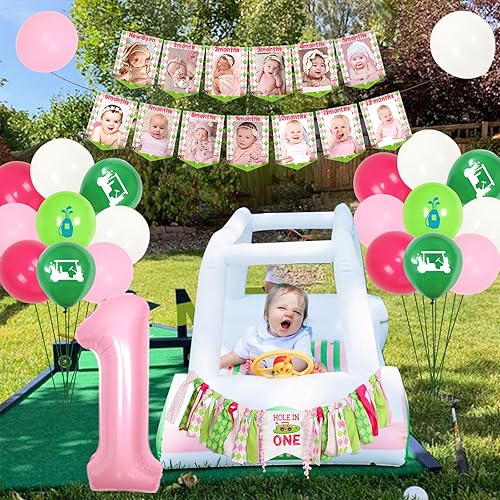 Miniatura 5 de Decoraciones de cumpleaños con agujero en uno para niña, decoración de fiesta de primer cumpleaños de golf rosa y verde, pancarta para silla alta,