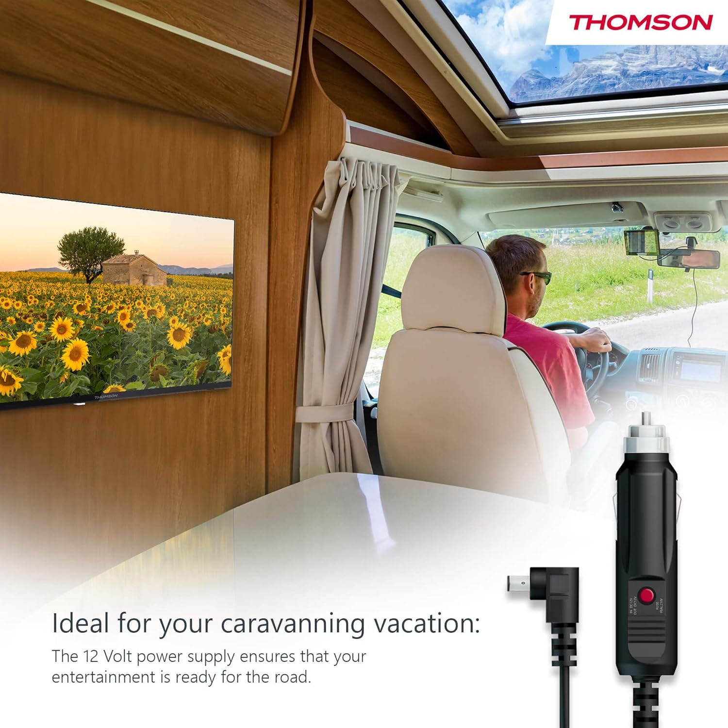 THOMSON 24-inch HD Google TV connected to a 12V power adapter for campkushandisa.