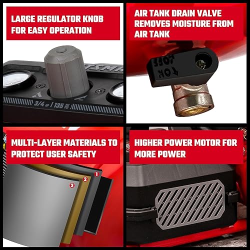 Miniatura 6 de Craftsman Compresor de aire, 1.5 galones 3/4 HP Max 135 PSI Presión, 1.5 CFM@90psi y 2.2 CFM@40psi, compresor portátil sin mantenimiento de acero
