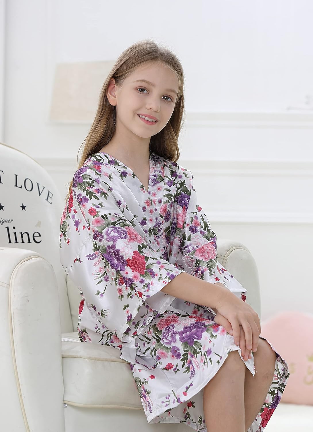 Kids Girls Robes Silky Satin Knee-length Robe Set Birthday Spa Bridal Party Flower Pattern Sleepwear - Image 5