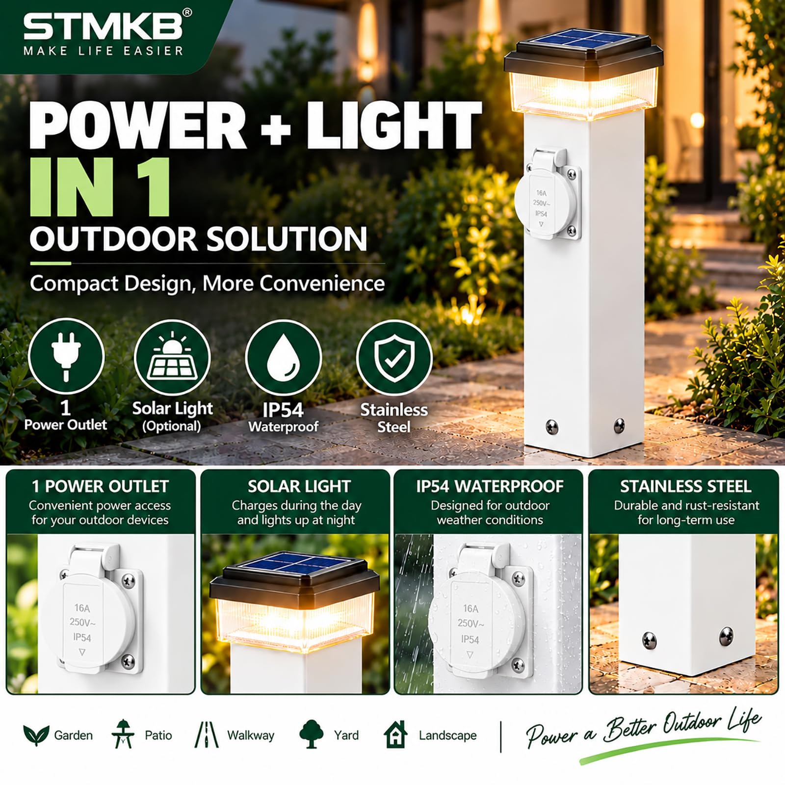 Poste De Luz Solar para Exteriores, 1 Toma De Corriente, Pedestal Eléctrico Impermeable Ip54 para Jardín, Patio Y Terraza.