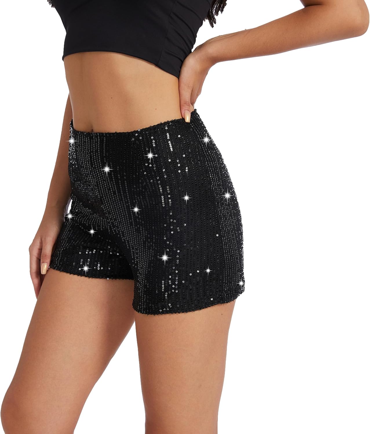 BAICAIYU Sequin Shorts for Women Sparkly High Waisted Black Shorts Lightweight Straight Leg Lady Casual Pants Fashion Party - Image 2