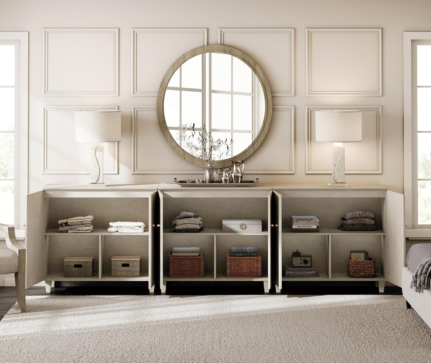 WAMPAT TV Stand Cabinets for 85+ Inches TVs, 3-in-1 Wood Entertainment Center with Doors and 9 Compartments, 106" Modern Media Console Table with Storage for Living Room Bedroom, Beige Faux Linen