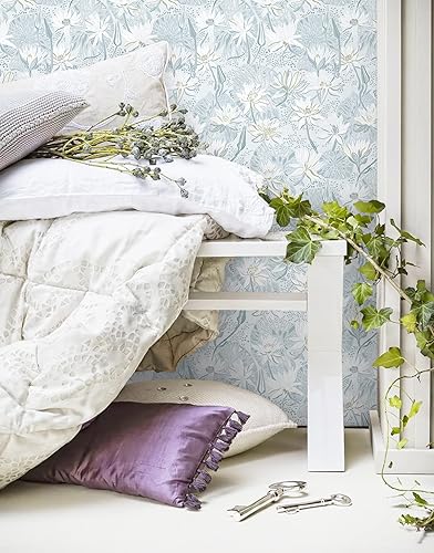 Miniatura 5 de Papel tapiz bohemio de flores azules de 15.5 pulgadas x 393 pies, papel tapiz autoadhesivo extraíble, decorativo, para estantes, cajón, rollo