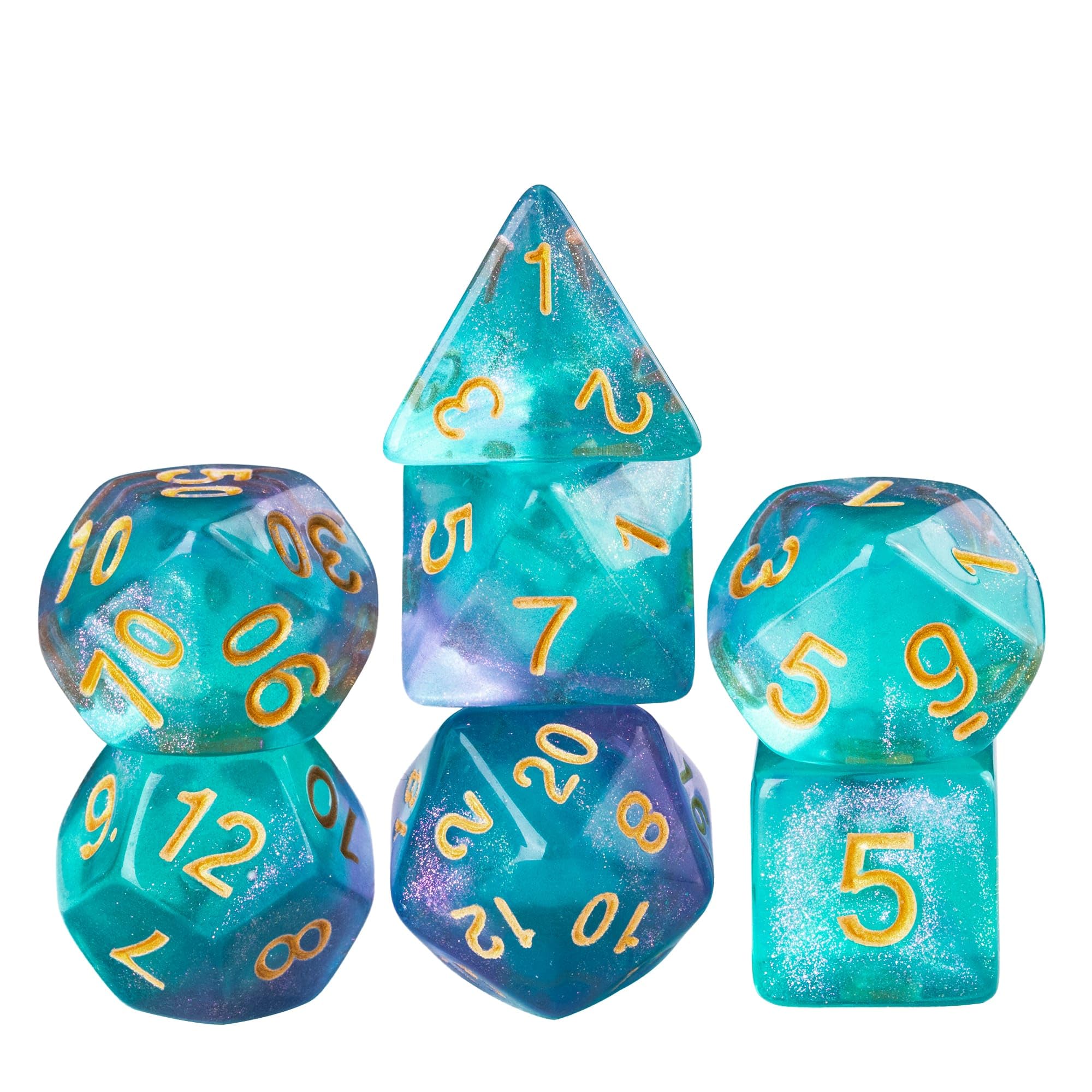 Cusdie 7Pcs/Set DND Dice Set D&D Polyhedral Dice for Dungeons and Dragons TTRPG Role Playing Dice Games RPGs (Purple Cyan Glitters)