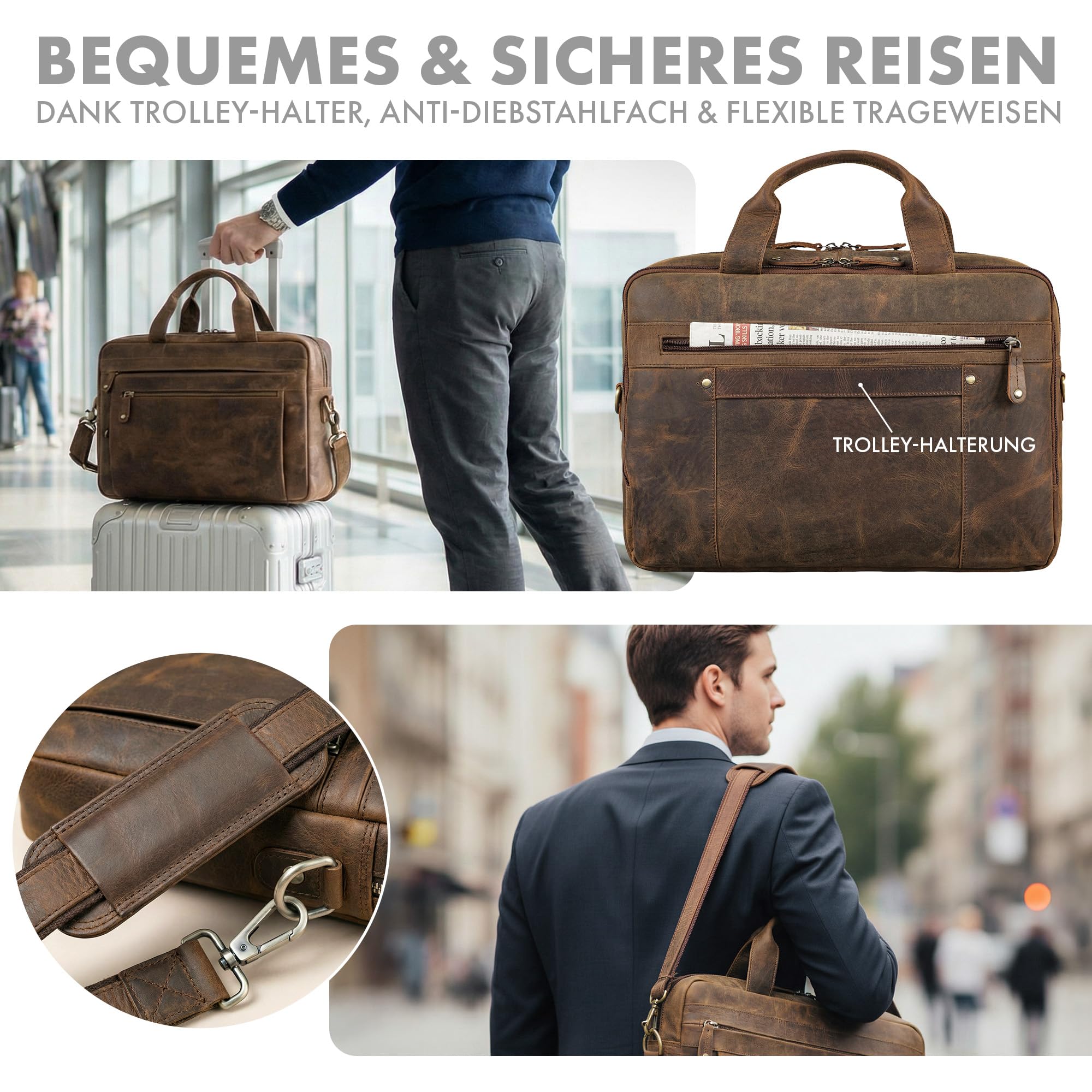 ROYALZ "Boston Aktentasche Herren Leder Business - Laptoptasche 14-17 Zoll aus Echtleder Umhängetasche Männertasche für Arbeit Alltag Reisen - Vintage Design Ledertasche;Farbe:Ohio Braun