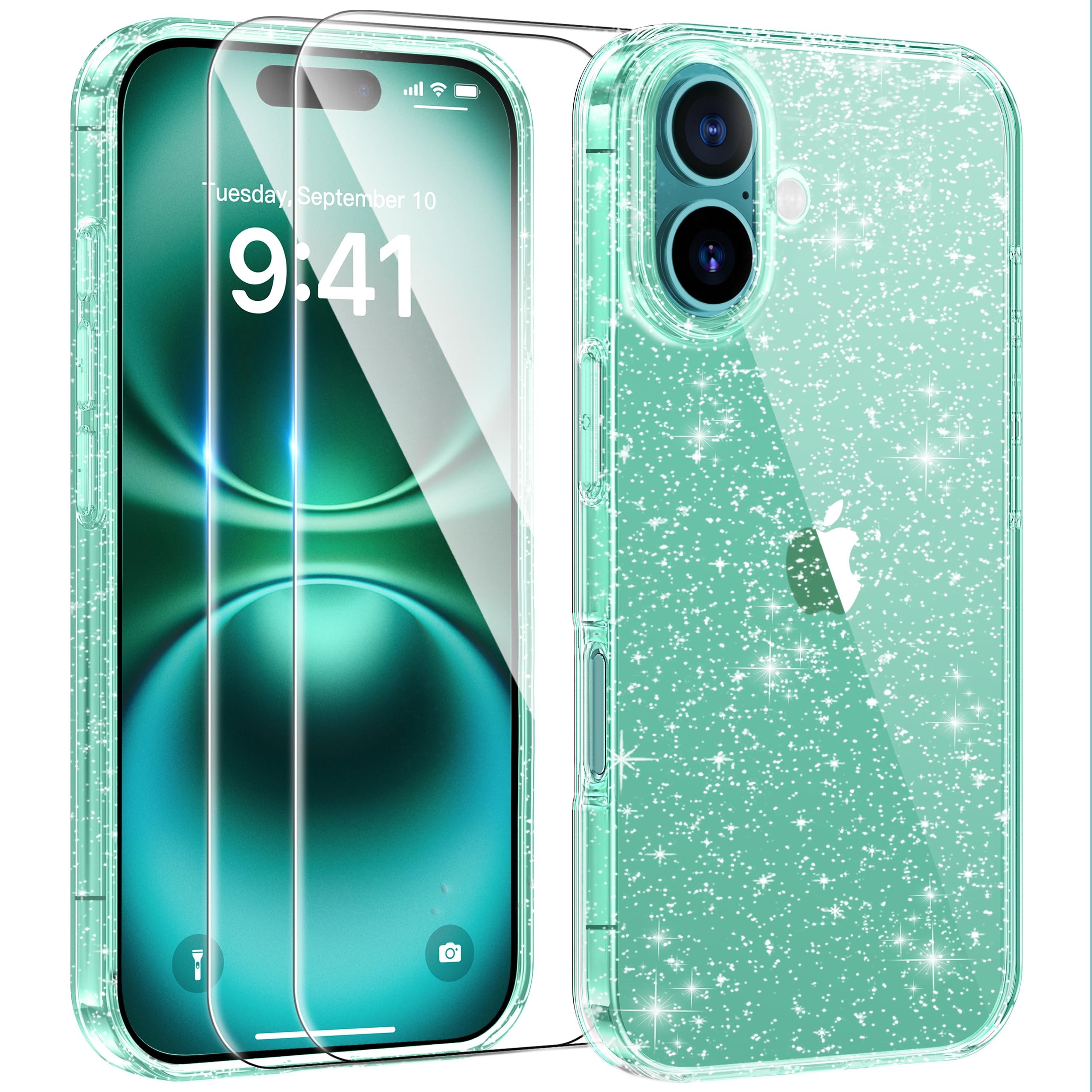 AROYI 3 in 1 Clear Glitter Case Compatible with iPhone 16 Case with 2 Tempered Glass Screen Protector, Soft Bumper Anti-Scratch Sparkle Bling Women Girls Phone Case for iPhone 16 6.1", Green