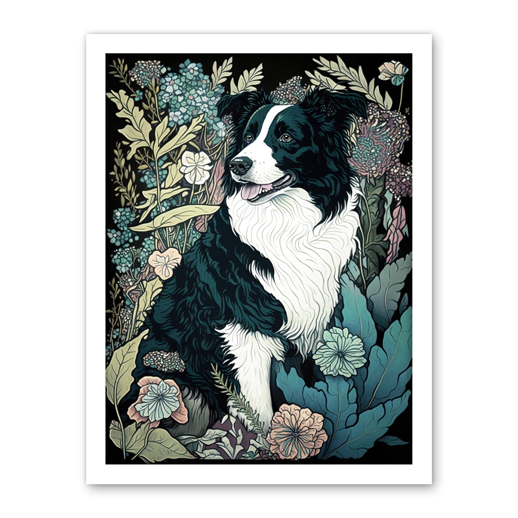 Artery8 Border Collie Dog in Wildflower Field Modern Illustration Artwork Framed Wall Art Print 18X24 Inch