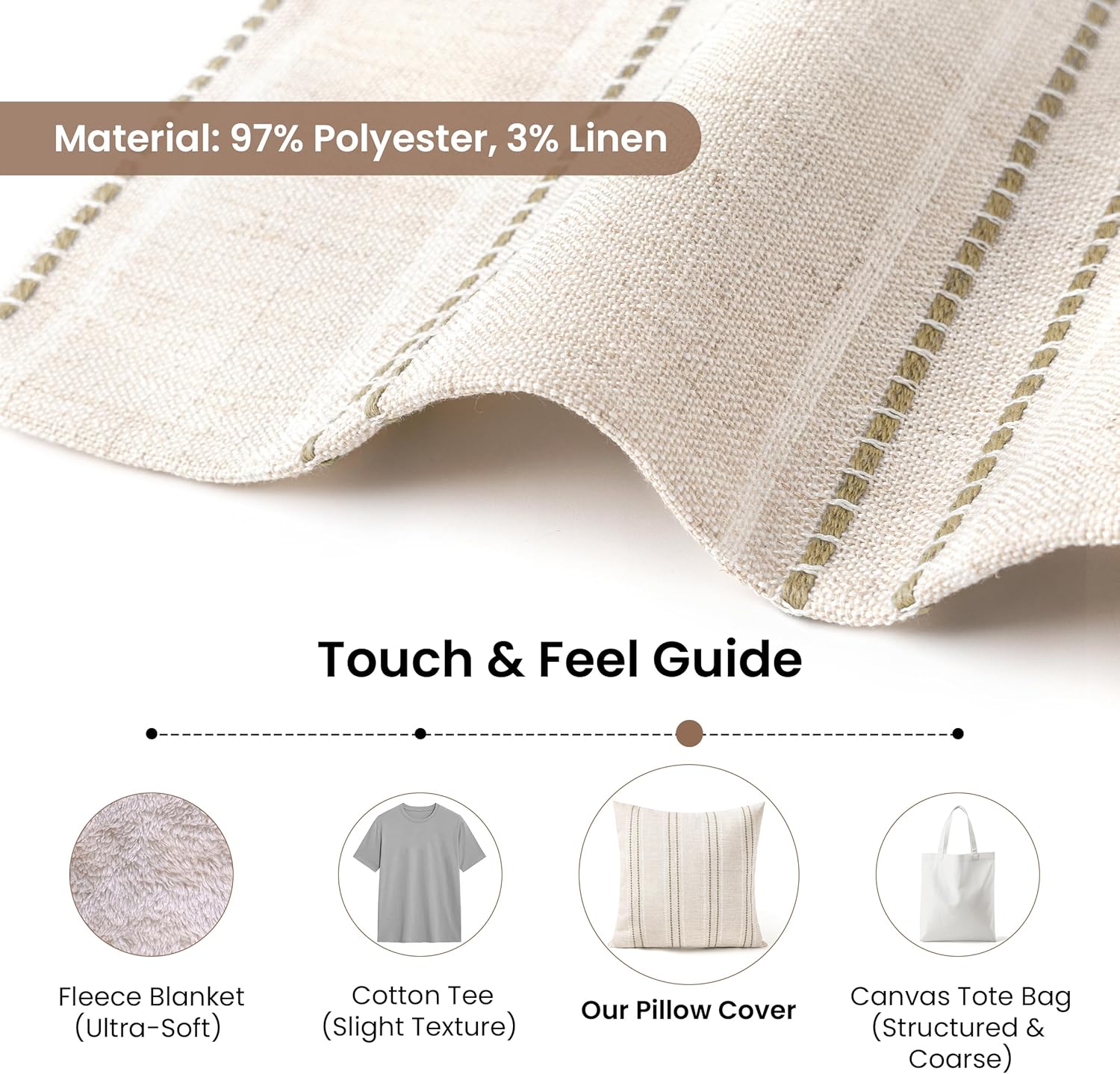 AELS 22x22 Decorative Farmhouse Linen Throw Pillow Covers, Boho Textured Pillow Case, Set of 2, Beige with White & Brown Stitch Yarn Dyed Stripe Cushion Cover for Sofa Couch Living Room (Cover ONLY) - Image 3