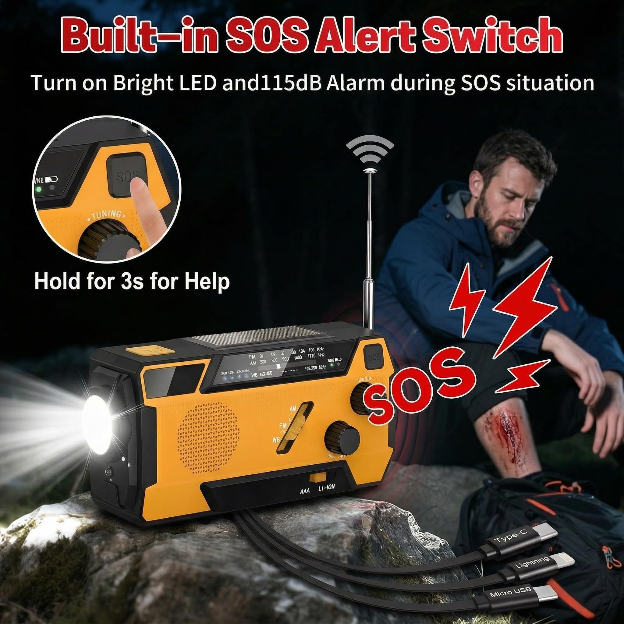 Radio di Emergenza a Manovella con Pannello Solare, Powerbank 2000mAh, Torcia LED SOS