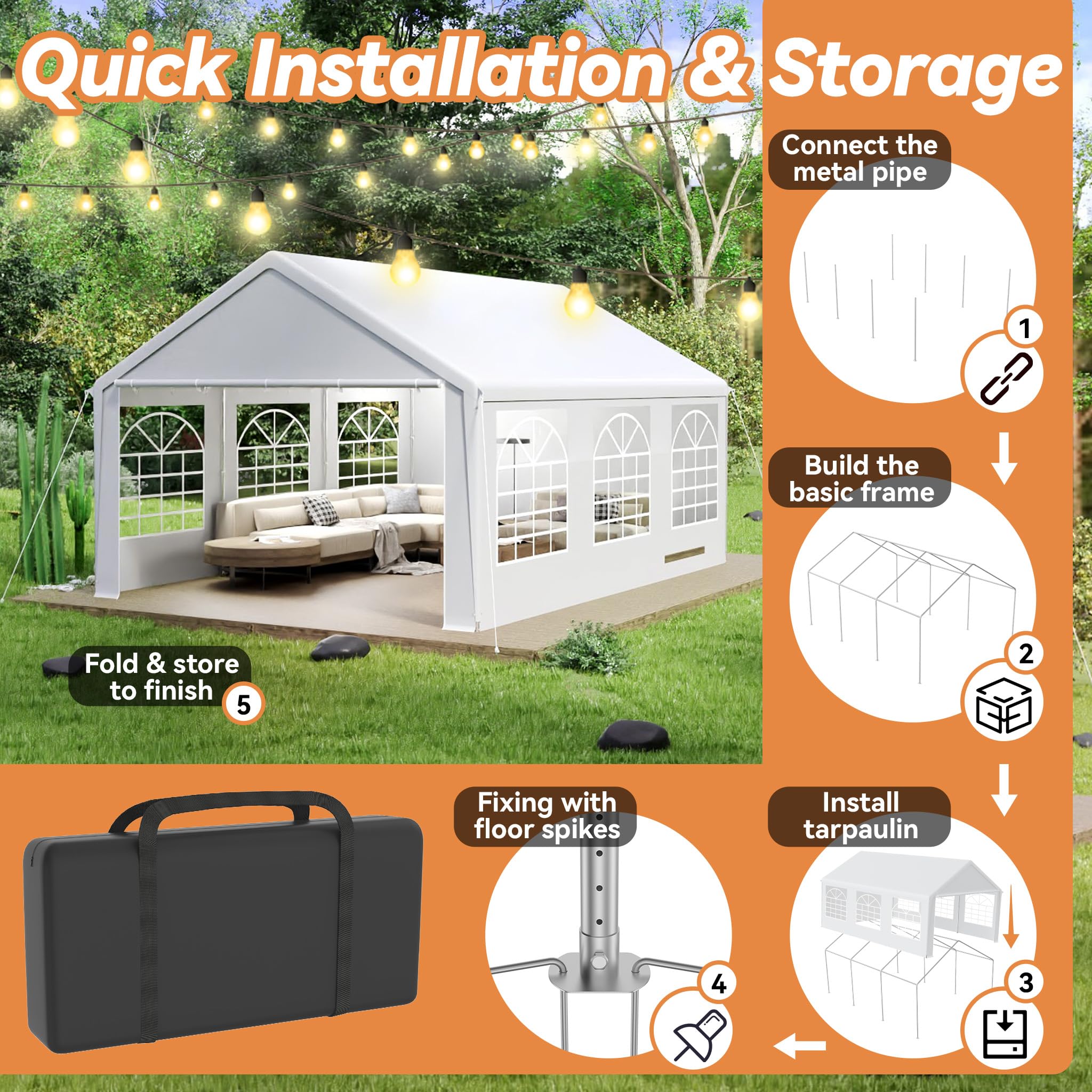 FIVMEN Gazebo da giardino, dimensioni 4 x 6 m, con 8 pareti laterali staccabili, impermeabile, stabile, resistente agli agenti atmosferici, protezione solare, bianco
