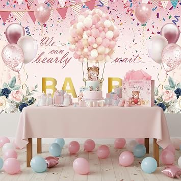 We Can Bearly Wait Backdrop - Pink Baby Shower Banner Pink Bear Hot Air Balloon Design Baby Shower Party Decorations Photo Background for Girl Newborn First Baby Photo Booth Prop 71x43 Inch