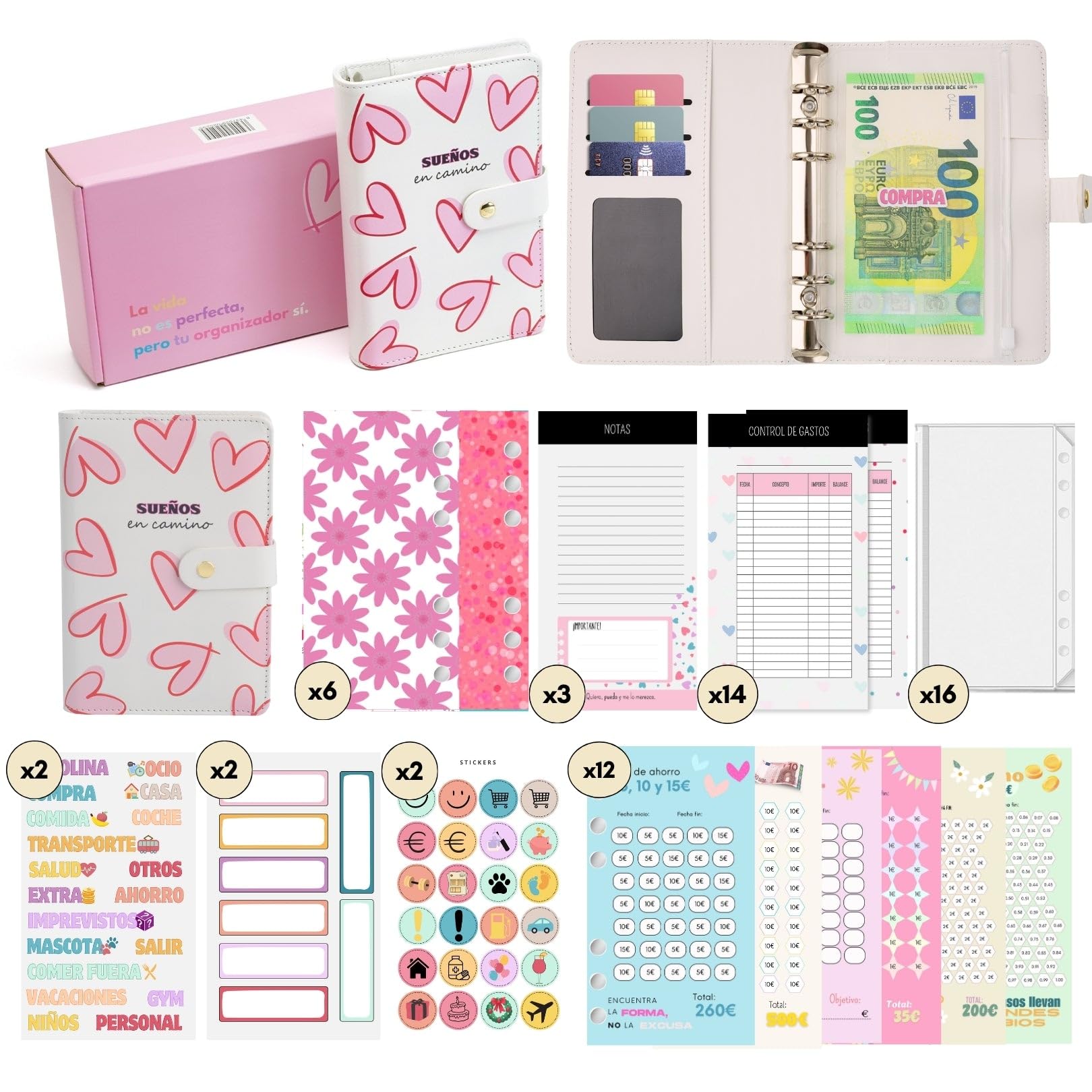 WHEN PIGS FLY - Libreta de Ahorro A6 Completamente en Español - Cuaderno de Ahorro Con Sobres - Carpeta Ahorro Dinero Español - Organizador de dinero - Carpeta de Ahorro de Dinero (Blanca Corazones)