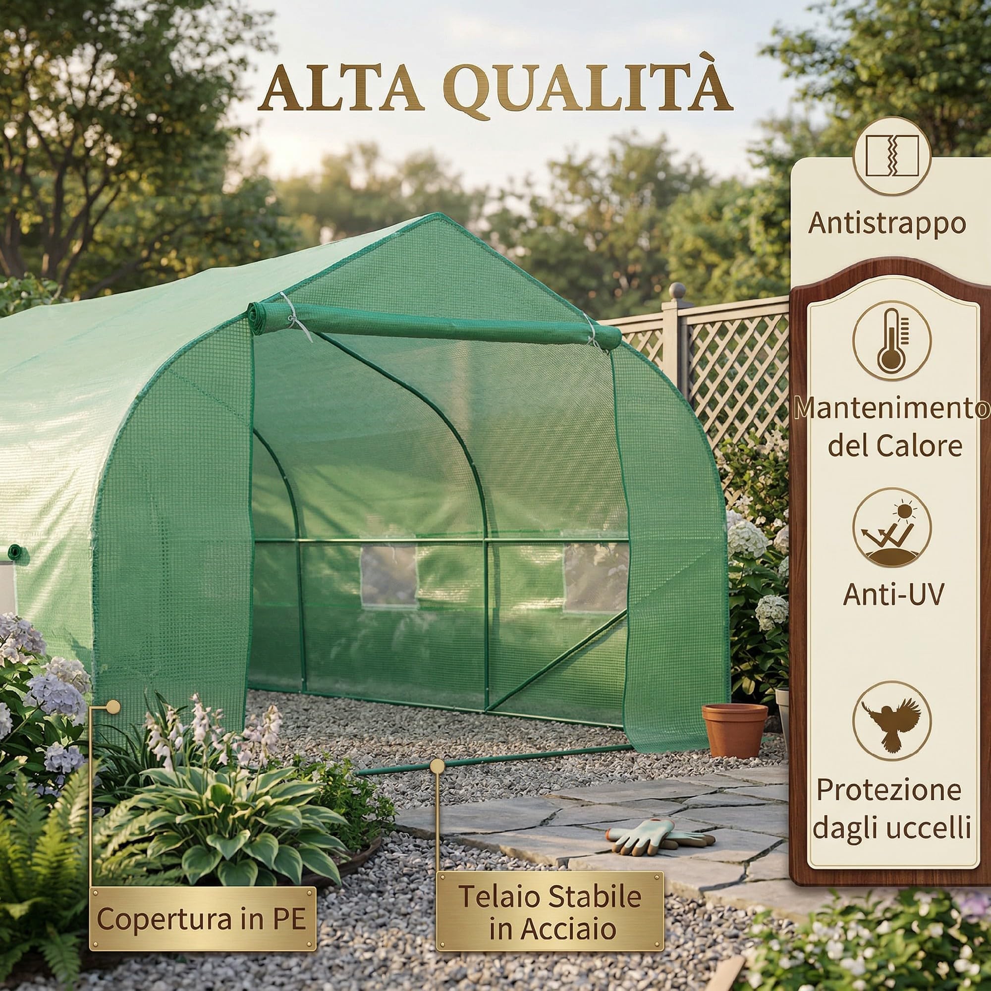 Outsunny Serra a Tunnel 6x3x2 m con 8 Finestre e Porta Avvolgibile, Serra per Orto in Acciaio e PP con 4 Picchetti e 4 Funi Incluse, Verde