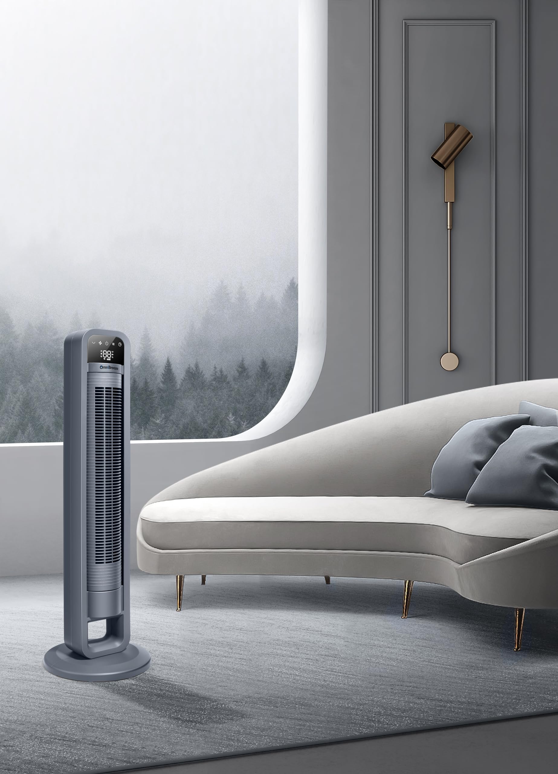 OmniBreeze Ventilador de torre eléctrico digital, oscilación interior con control remoto, pantalla LED, ventiladores de suelo sin alas de pie, refrigeración y uso en interiores