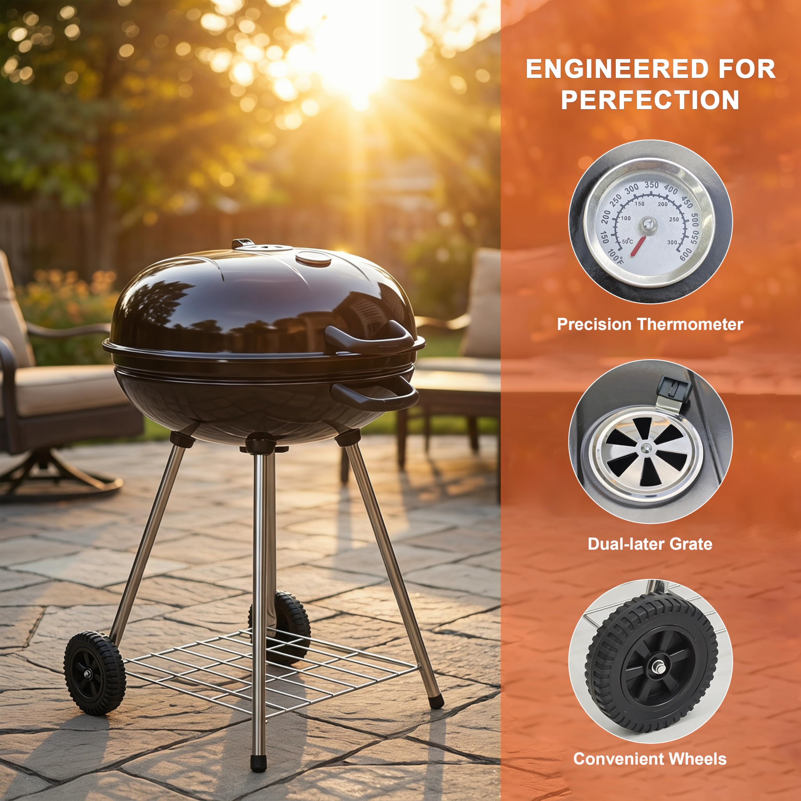 Elitzia ETBBQ01 Przenośny grill na węgiel drzewny z kółkami, czajnik, grill na zewnątrz, grill, pionowy kemping, podwórko, patio, ogród, okrągły grill na węgiel drzewny, do gotowania na świeżym