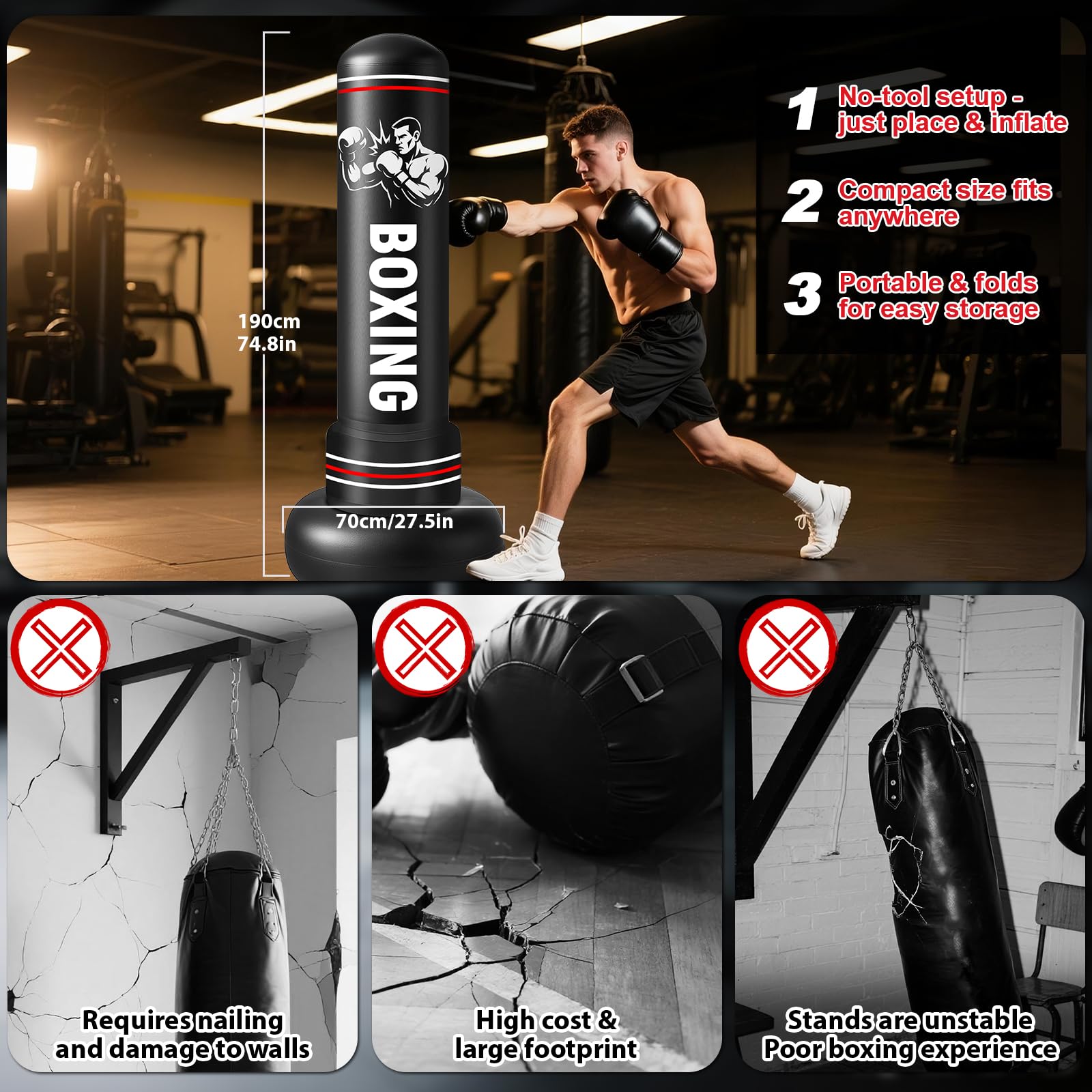 Qoosea Saco de Boxeo Adulto, 190cm Bolsa de Boxeo Inflable de Pie con Guantes, Mujeres Hombres Stand Kickboxing Bolsas, Punching Ball Estable para Karate MMA Taekwondo Thai Fitness