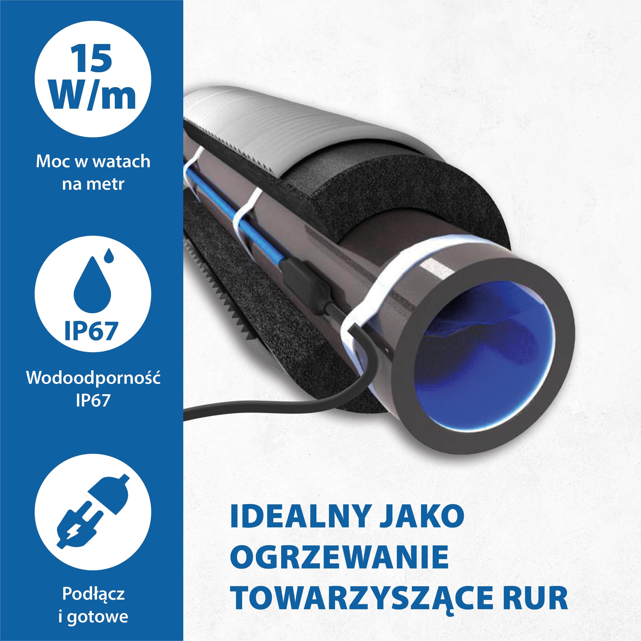 Kabel elektryczny przeciwzamrożeniowy 15 W/m – rury, przewody, zbiorniki – ogrzewanie towarzyszące, ogrzewanie odszraniające, kabel grzejny – długość 12 m z termostatem +5°C włączony / +15°C wyłączony