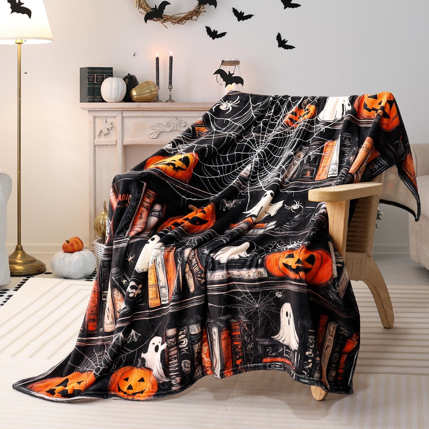 Halloween Blanket Gothic Ghost Bookshelf Throw Blanket for Book Lovers Pumpkin Spider Web Fleece Throw Blankets Super Soft Warm Cozy Flannel Blankets for Couch Sofa Bed 50" x 60"