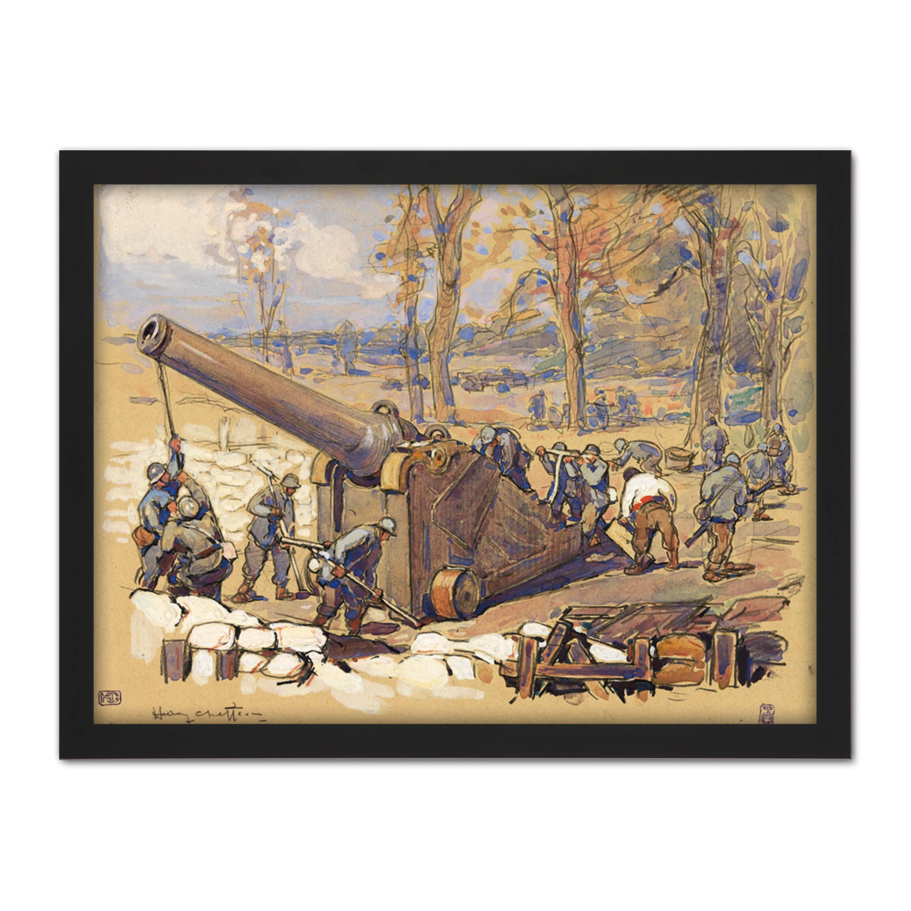 Cheffer Artillery Soldiers Cannon Gun WWI War Painting Large Framed Art Print Poster Wall Decor 18x24 in