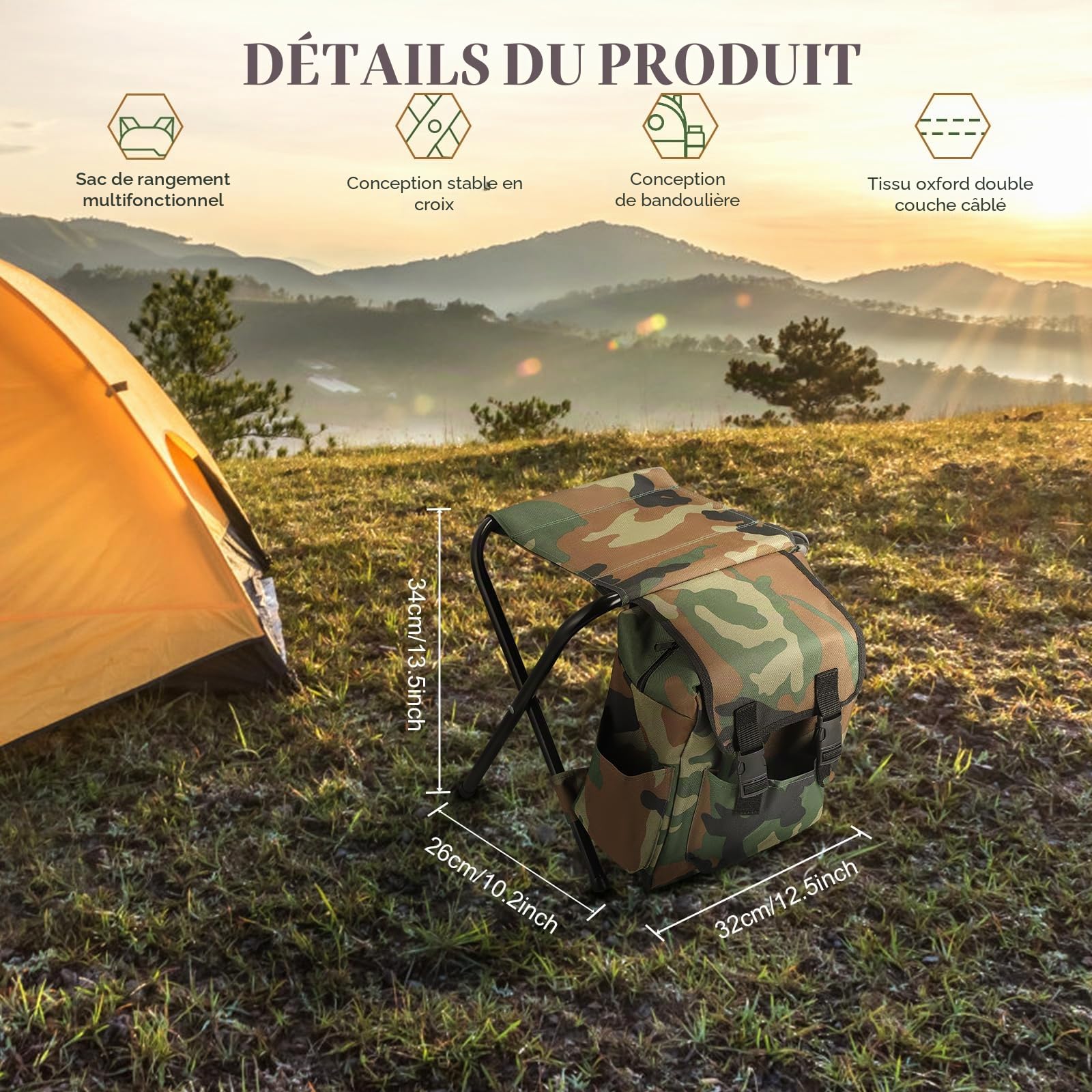 Chaise Pliante Camping Sac à Dos Imperméable - Siège Portable 100kg pour Pêche, Randonnée avec Design Stable (Camouflage)