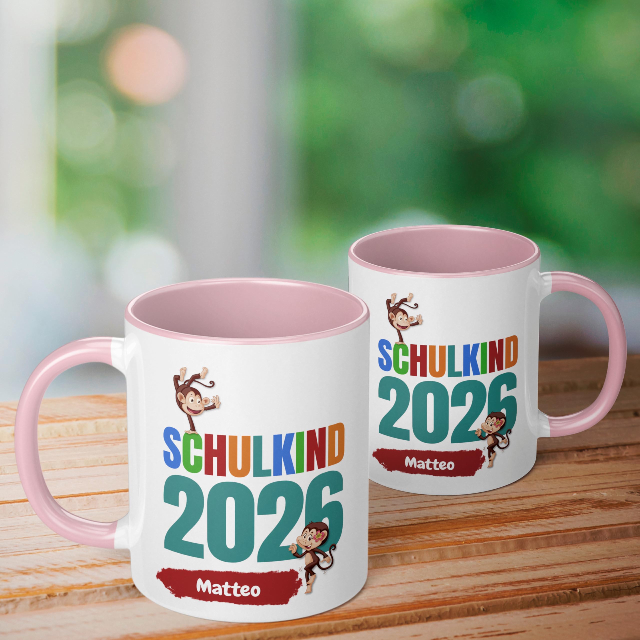 Geschenk zur Einschulung für Mädchen und Jungen: personalisierte Tasse Schulkind 2026" Affen-Motiv mit Namen, Rosa