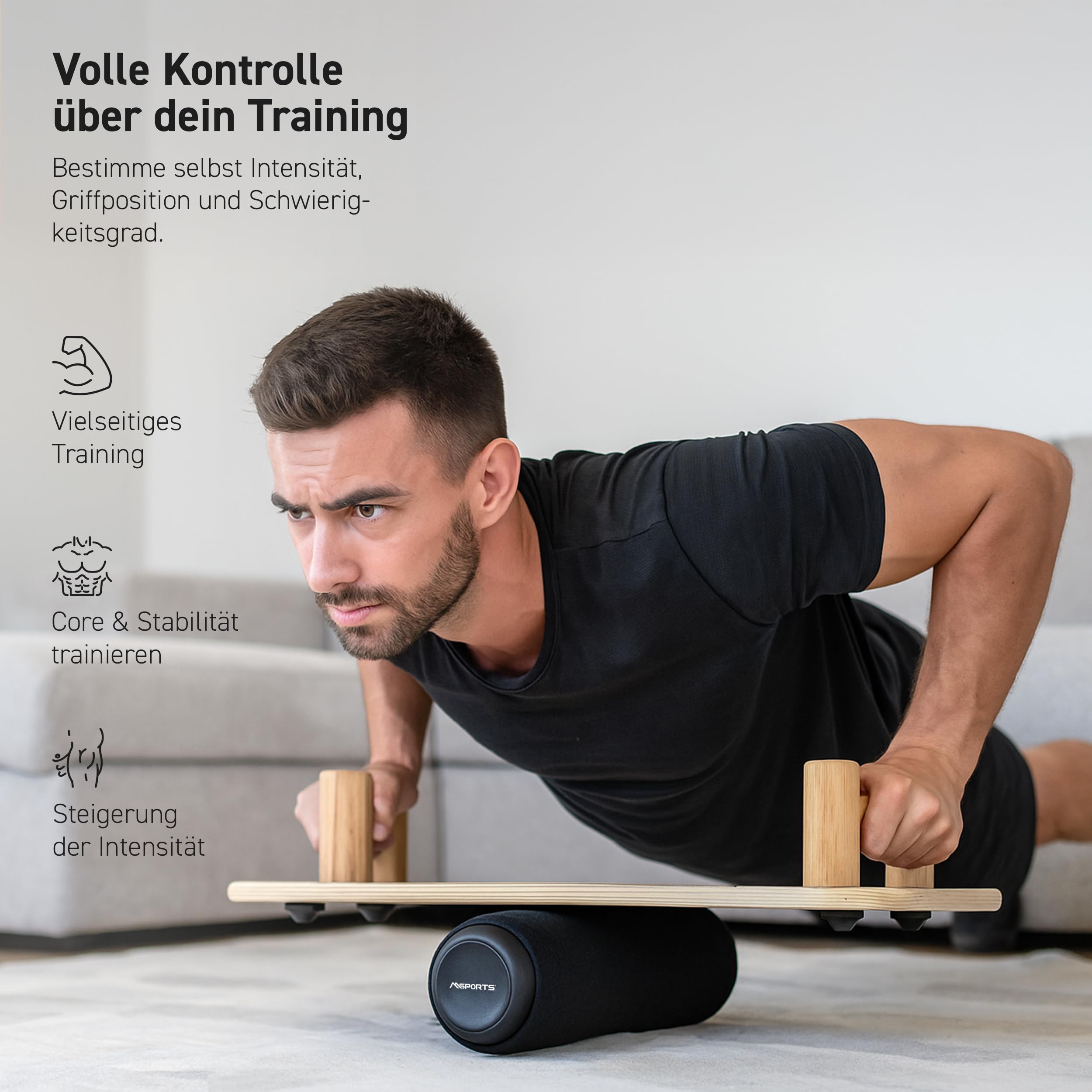 MSPORTS Push-Up Board Holz Premium mit Rolle – Multifunktionales Liegestützbrett für Core, Balance & Krafttraining – 15 Griffpositionen, massive Griffe, Anti-Rutsch, Home Gym Fitnessgerät
