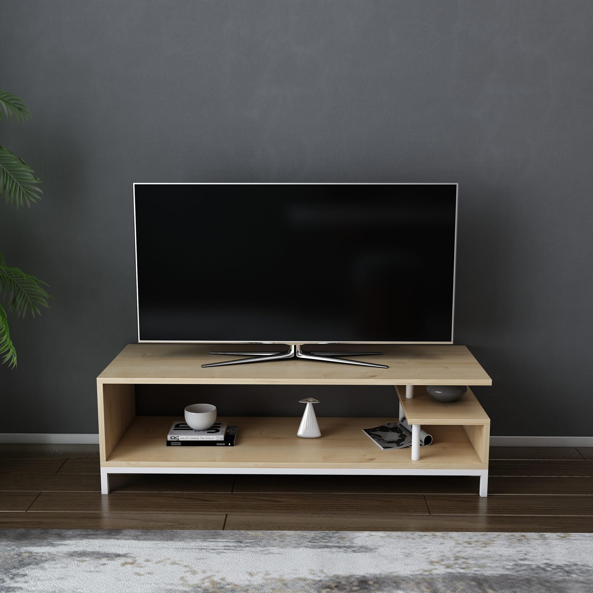 Hanah Home Scandinavian TV Stand, White & Oak, 120 x 44.6 x 37.6 cm, 100% Melamine Coated Particle Board, 18 mm Thick, Stylish & Functional for Modern Living Rooms