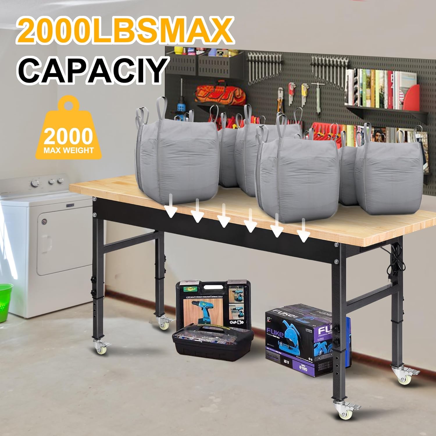 60" Adjustable Work Bench, Rubber Wood Top Workbench Heavy-Duty Work Table with Power Outlet and Wheels, 2000 LBS Load Capacity Hardwood Work Benches for Garage, Workshop, Home, Office, Easy Assembly