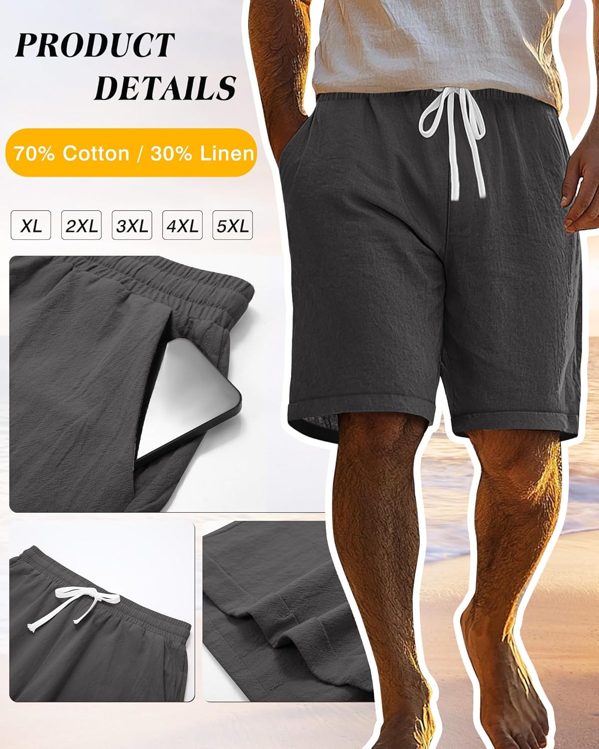 Ficerd 2 Pack Men's Big and Tall Linen Shorts Casual Elastic Waist Cotton Blend Drawstring Summer Beach Shorts with Pockets - Image 6