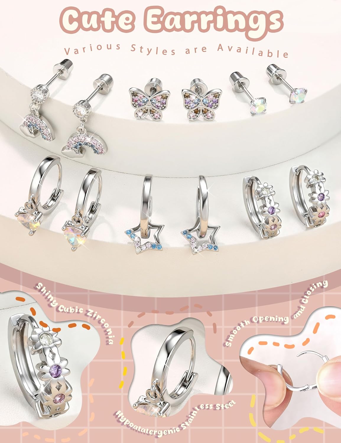 Hypoallergenic Surgical Steel Screw Back Earrings for Girls Women - Cute Toddler Kids Stud Huggie Hoop Earrings for Sensitive Ears Star Heart Butterfly Dangle Earrings Set Multicolored 20G 6 Pairs age:over 3 years old - Image 2
