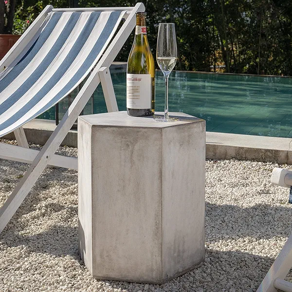 COSIEST Concrete Accent Table, Hexagon Patio Side Table 14.5''Wx16''H, Modular Design Indoor Outdoor End Table, Distressed Grey White Patina