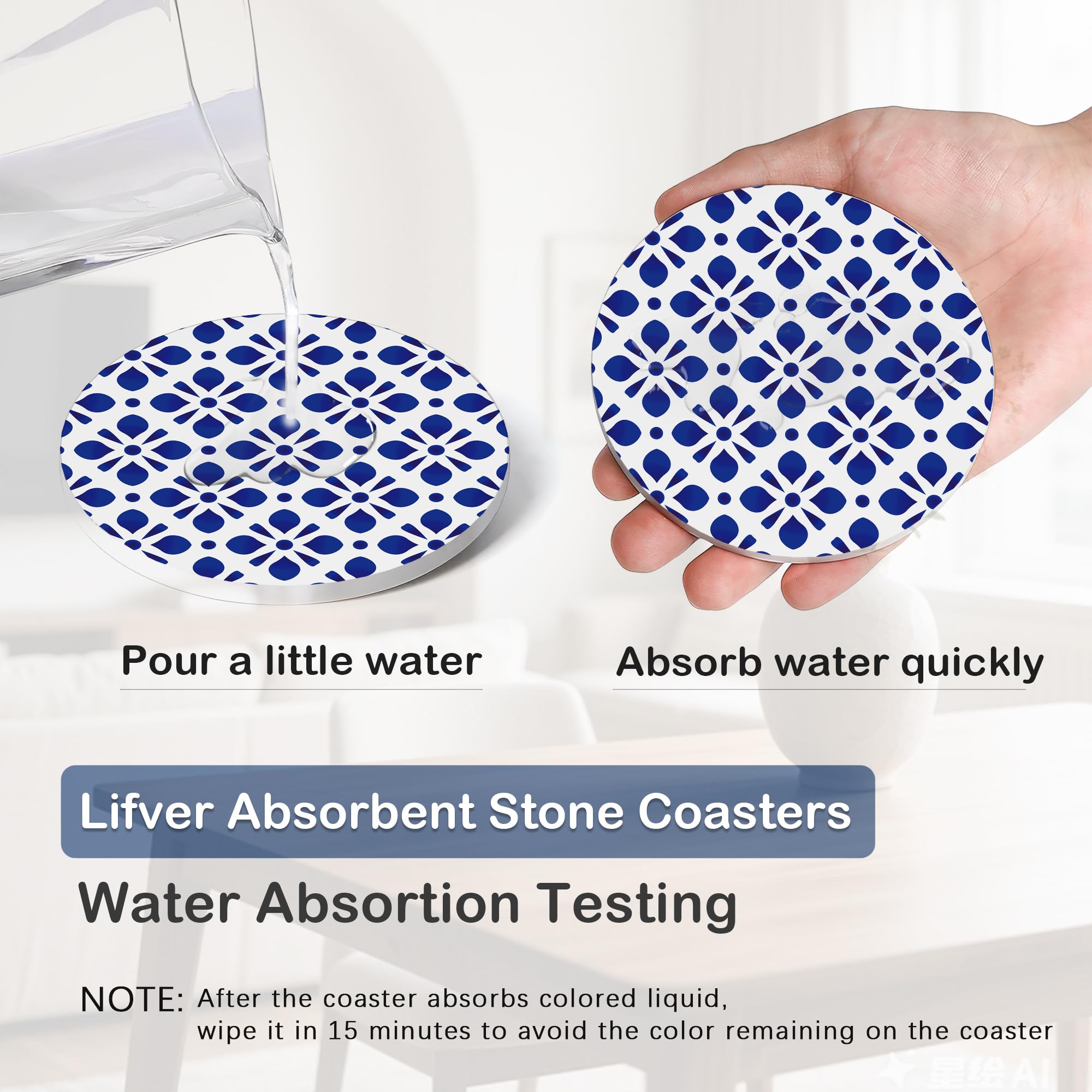 Handpainted Blue Pattern 6Pack Ceramic Drink Coasters,Quick-Absorb Stone Coasters with Anti-Slip Cork Backing & Metal Holder - Image 3
