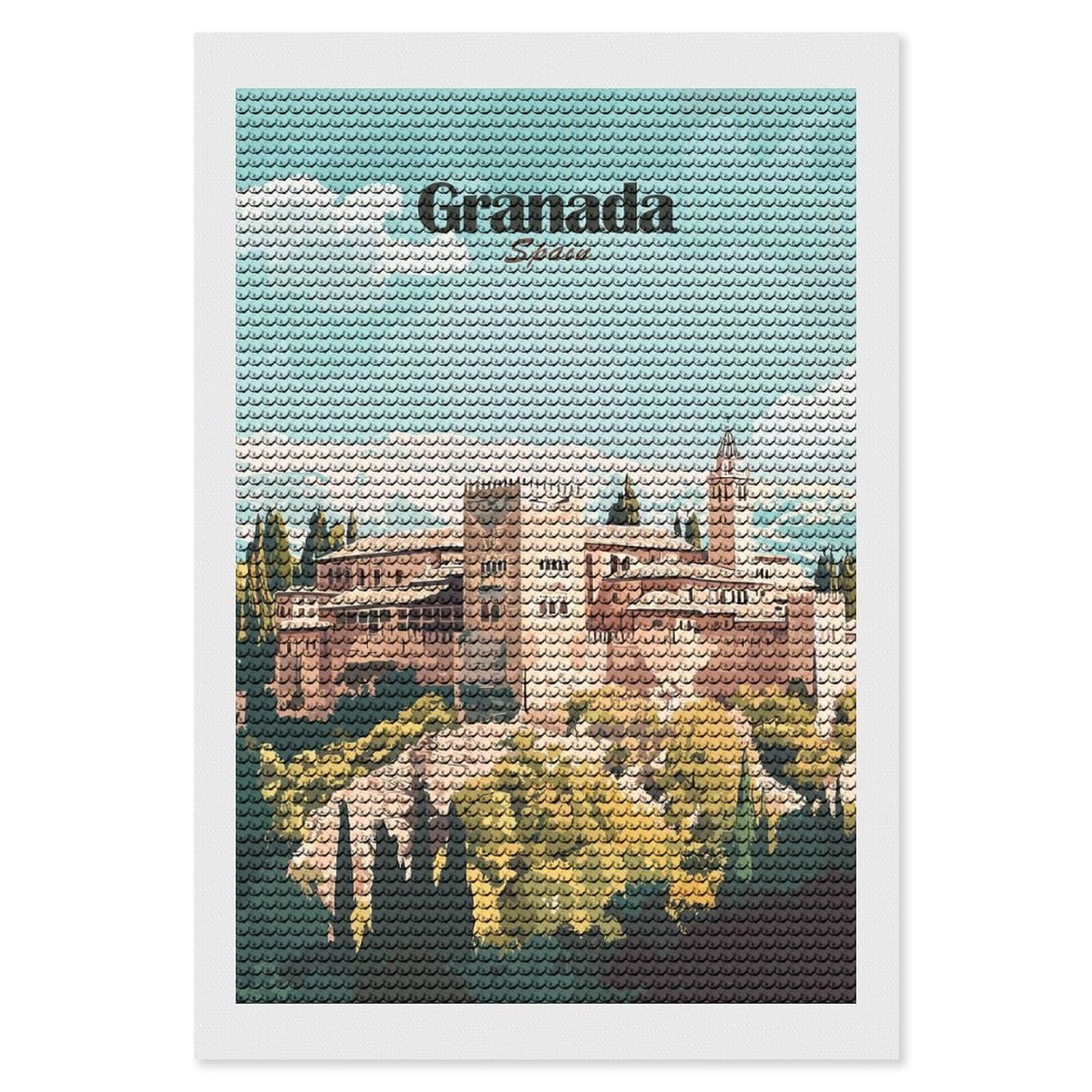Junmoney Granada Spain Travel Diamond Painting Canvas Set 8"x12", Easy to Enjoy, Adhesive Canvas, Office Decor, Holiday Gift Idea, with Tool Kit