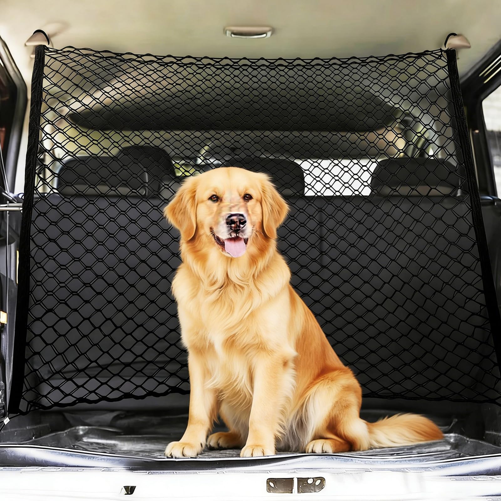GOMETY Schutzgitter Auto Barriere Trennnetz, 120x90 cm Hundegitter für Kofferraum, Doppelschicht Polypropylen mit 4 Haken, Universelles Hunde, Absperrnetz für Haustiersicherheit, Auto-Trennwand