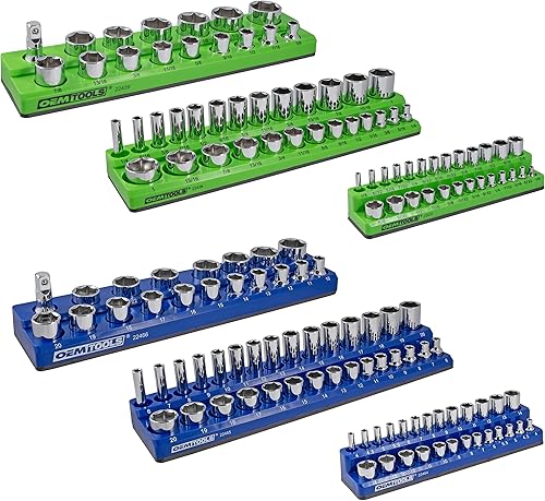 OEMTOOLS 22461 - Juego de 6 bandejas magnéticas métricas y SAE, organizadores de enchufes verdes y azules, juego de bandejas organizadoras de