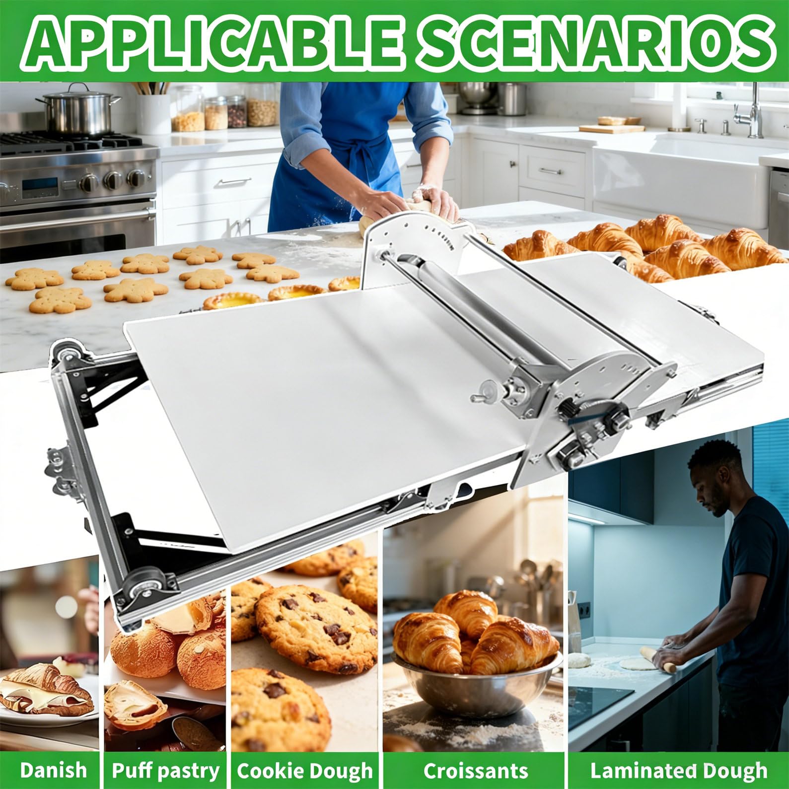 Macchina per La Pasta Elettrica, Sfogliatrice Automatica per Pasta Sfoglia, Struttura in Acciaio Inox, Spessore Da 2 a 30 Mm Controllo, Con Tagliere Da 40×17,7 Pollici per Croissant, Pasta Fresca