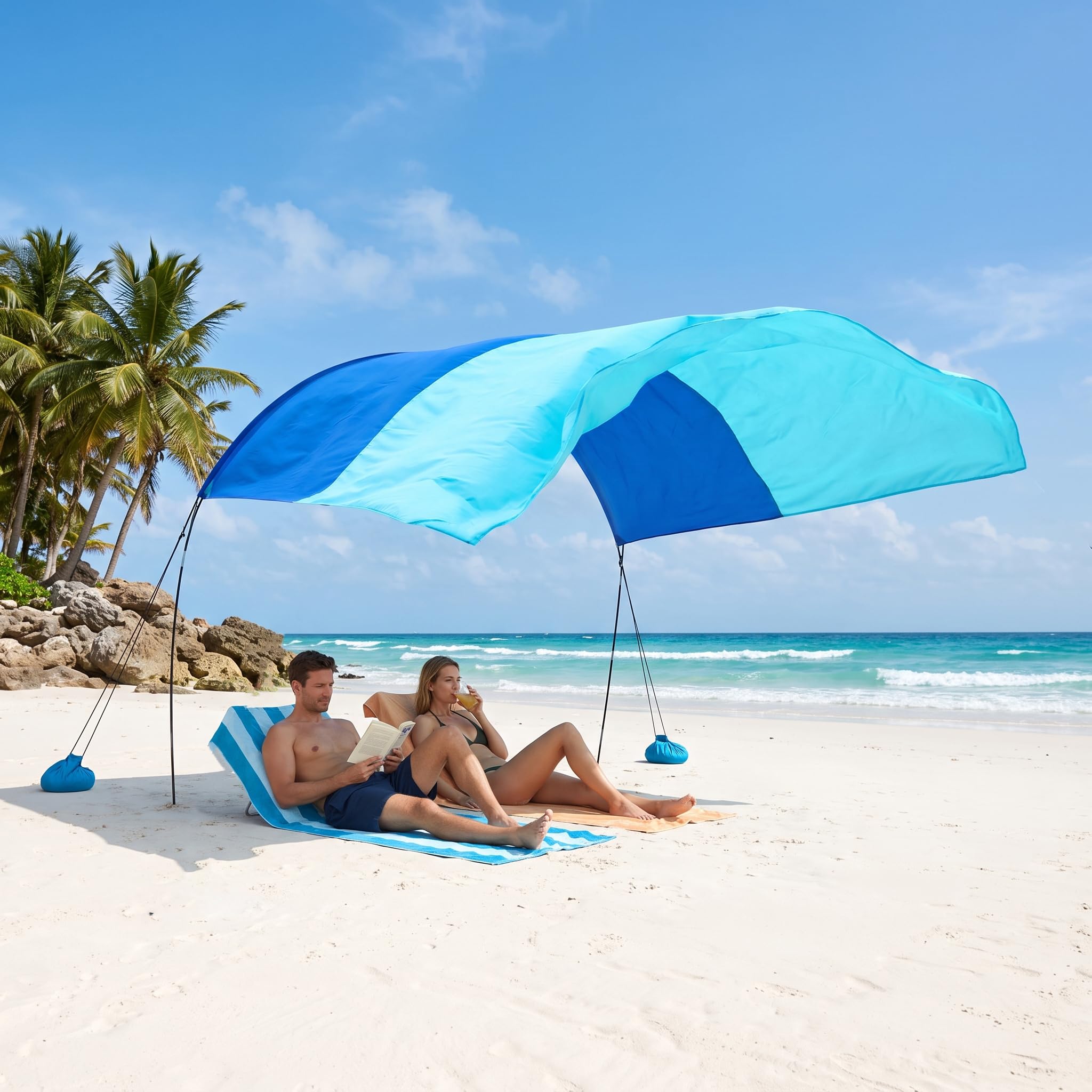 3m x 3m Two-Tone Beach Canopy Sun Shelter, Lightweight Beach Tent with Pre-Attached Sandbags & Thick Wind Ropes, Easy Setup Portable Beach Shade for Family, Camping(Blue/Navy, 3m × 3m)