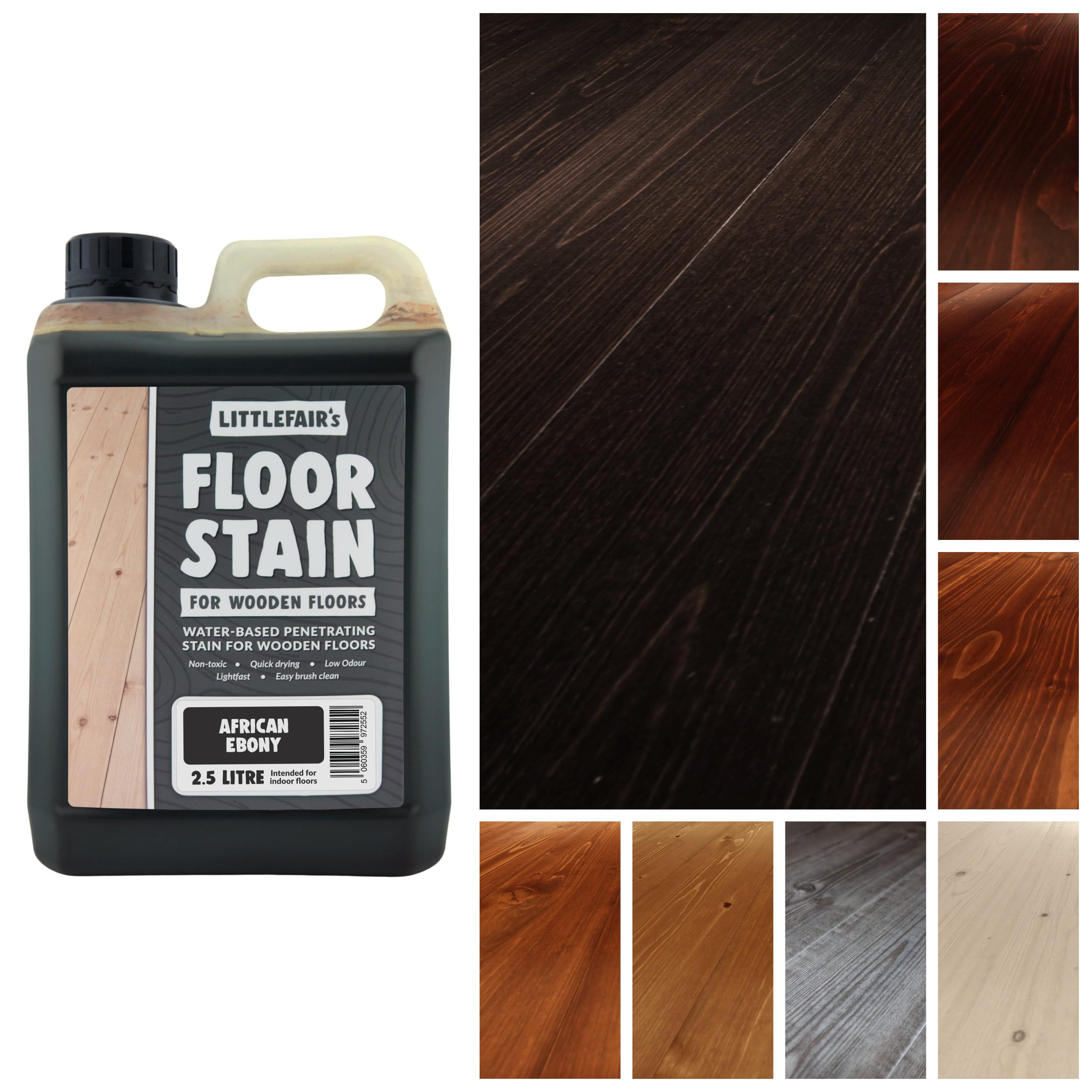 Littlefair's African Ebony Wood Floor Stain Water-Based (African Ebony) - Quick Drying, Non-Toxic, Eco-Friendly & Low Odour - 2.5Ltr