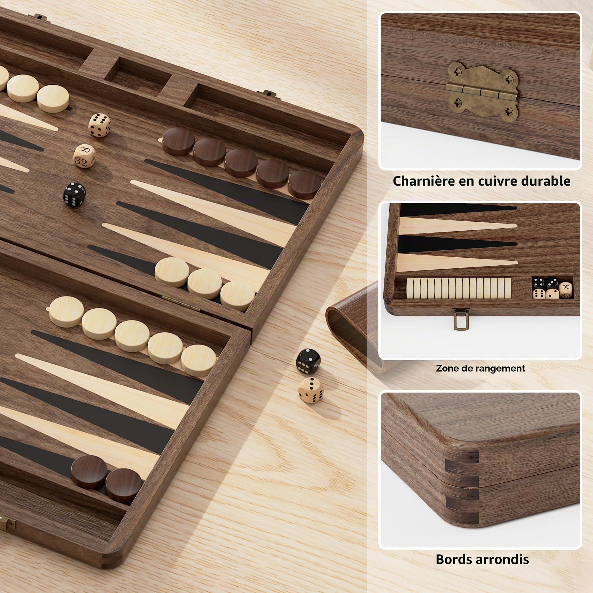 Jeu de backgammon de qualité supérieure en bois de noyer noir - Jeu de voyage de luxe (avec dés et doubleur)