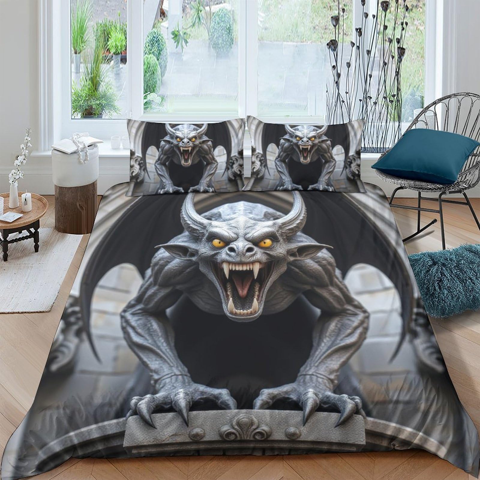 GPLZQXKJNH 3D Printed Gargoyle Gothic Duvet Cover Set Microfiber Soft Dark Fantasy Bedding with 2 Pillowcases for Bedroom, Single（135x200cm）
