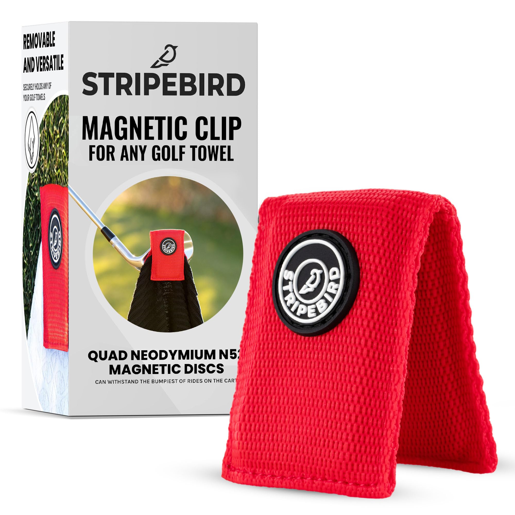 Stripebird - Magnetic Clip for Golf Towel (Major Red) - (Highest Strength Magnet) - Easily Access Golf Towel While You Golf - Attaches to Golf Cart, Clubs or Golf Hub - Removable from Towels