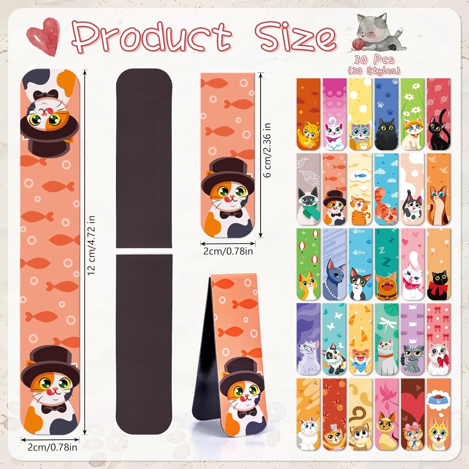 30 Pcs Cute Cats Magnetic Bookmarks,Lovely Cats Page Markers for Kids Students Teacher Reading Lover,Pet Magnet Book Marks Page Clips for School Office Home Reading Stationery(30 Designs,2x6cm) - Image 4